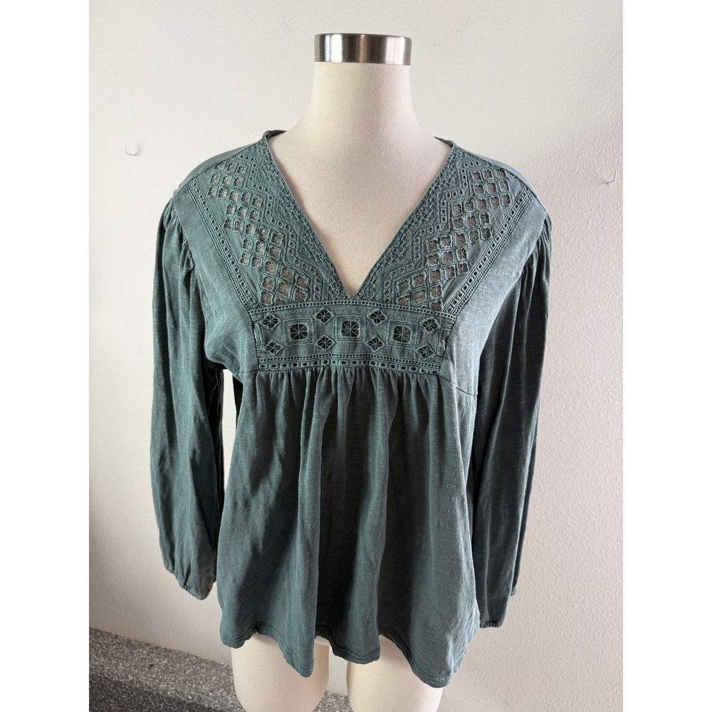 Lucky Brand Women XL Teal Green Embroidered V Neck Eyelet Slub Cotton Blouse